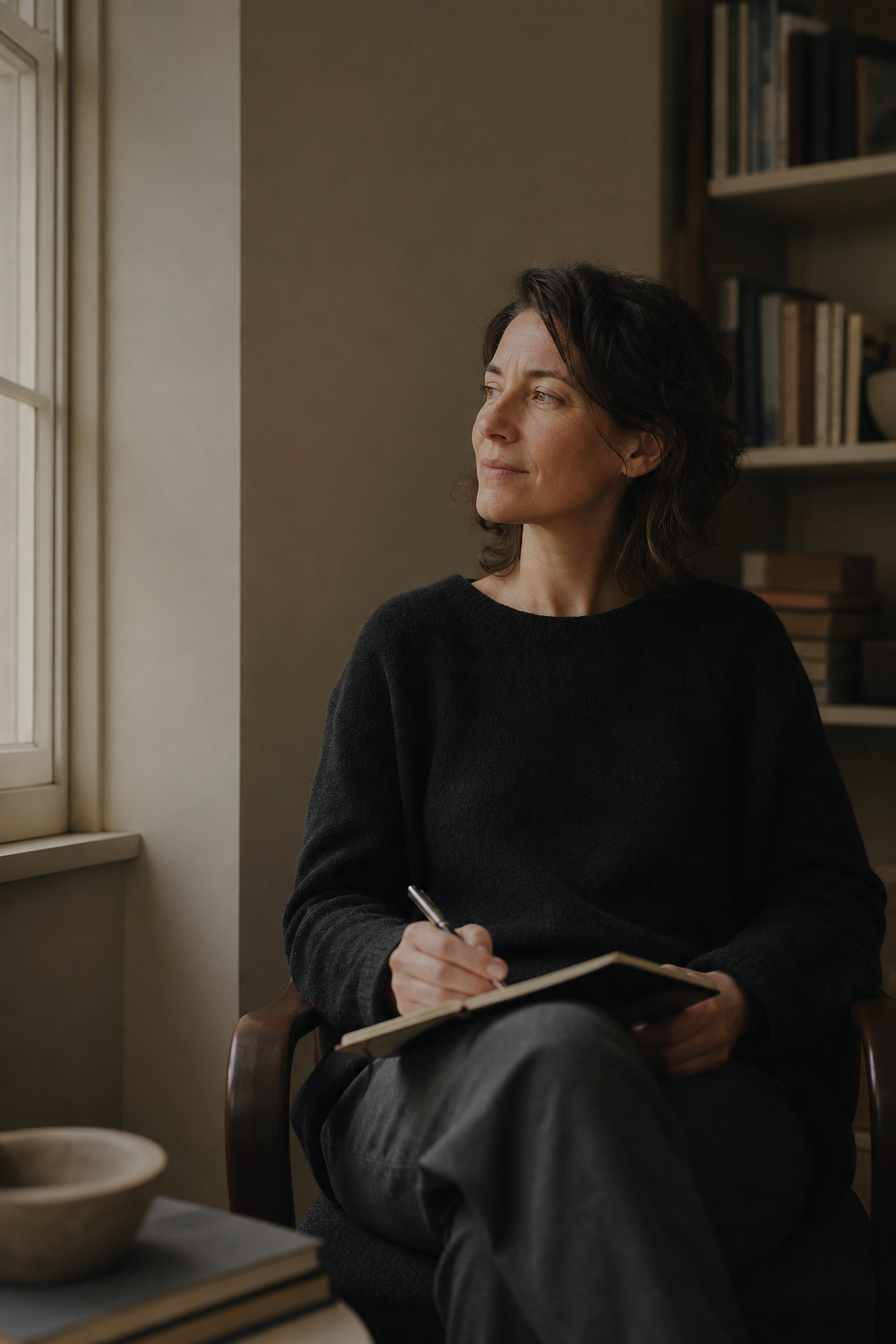 A writer seated near a window with a notebook